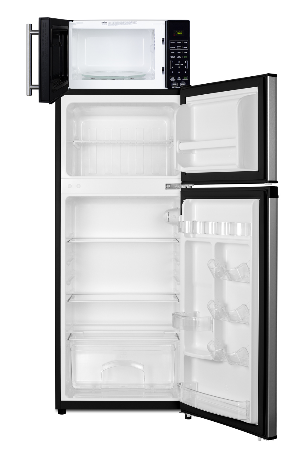 2-door mid-sized refrigerator-freezer in a stainless steel look and compact microwave in black with allocator and USB ports for 1-plug operation; ships in three boxes on one pallet